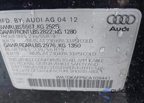 2012 Audi Q5 3.2 Premium Plus z USA, uszkodzony, nr VIN WA1DKAFP5CA109441